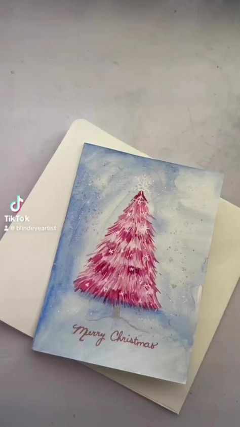 Hand Painted Christmas Cards Acrylic, Hand Painted Christmas Cards, Pink Christmas Trees, Holiday Watercolor, Painted Christmas Cards, I Love Pink, Hand Painted Christmas, Watercolor Christmas Cards, Pink Christmas Tree