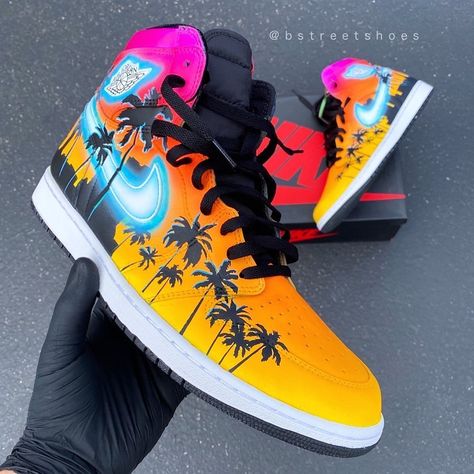 Jacquard Airbrush Color in Fluorescent Hot Pink and Sunburst for the win Miami Palm Trees, Jordan 1 Green, Air Jordan 1 Blue, Jordan Custom, Custom Air Jordan 1, Jordan 1 Blue, Jordan 1 Mids, Miami Sunset, Basketball Stuff