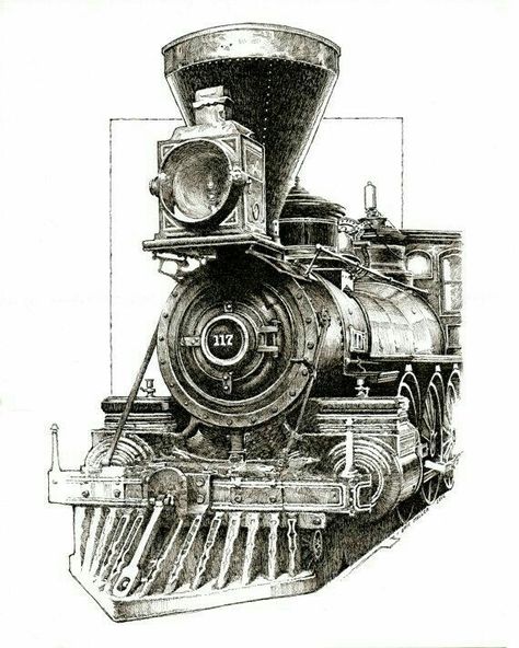 Train Drawings, Train Tattoo, Train Drawing, Flowers Mandala, Old Steam Train, Railroad Art, Vintage Trains, Train Art, Old Trains