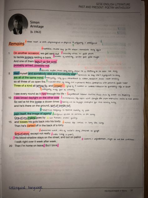 Power and Conflict Poems - Remains by Simon Armitage pt. 1 Remains Simon Armitage Analysis, Remains Poem Analysis Gcse, Remains Annotations, Remains Analysis, Remains Poem Analysis, Remains Simon Armitage, Gcse Quotes, Unseen Poetry, Poetry Revision