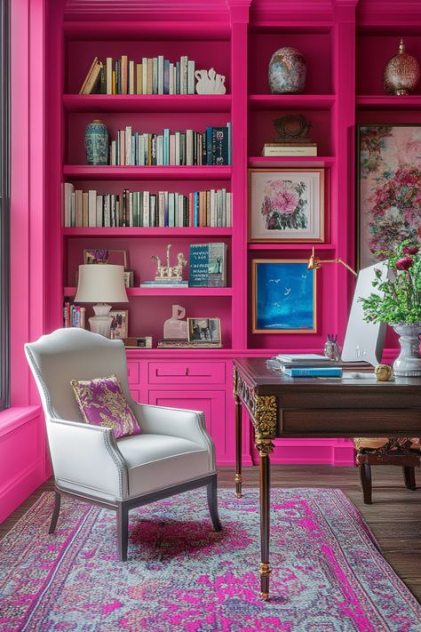 A home office filled with funky eclectic decor is so inspiring. Imagine bold-colored walls, quirky furniture, and vibrant rugs creating a space where work feels fun. Don’t you think a lively office like this could boost your creativity and productivity? Colorful Home Office Decor, Eclectic Maximalism Office, Pink Library Room, Bright Color Office, Maximalist Office Decor, Eclectic Glam Decor, Maximalist Home Office, Crazy Interior Design, Colour Pop Interior