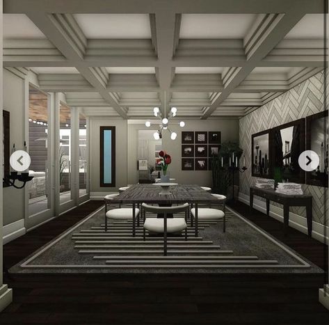 Bloxburg Ceiling Ideas, Luxury Bloxburg Bedroom, Bloxburg High Ceiling Living Room, Roblox Bloxburg Dining Room Ideas Modern, Bloxburg Mansion Living Room, Modern Interior Design Bloxburg, Bloxburg Dark Mansion, Bloxburg House Ideas Dark Modern, Plans House