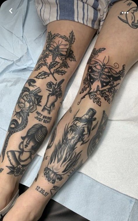 Old School Leg Tattoos Women, Edgy Patchwork Tattoos, Back Knee Tattoo, Torso Tattoos Women, Blackwork Leg Sleeve, Tattoo Tibia, Hot Stuff Tattoo, Back Of Knee Tattoo, Cool Knee Tattoos