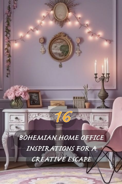 I'm absolutely in love with this dreamy bohemian home office setup! The soft lavender walls and elegant decor create a perfect atmosphere for creativity. From the vintage-style desk to the cozy armchair, every detail invites inspiration. The floral accents and soft lighting add a touch of magic, making it an ideal space for work or reflection. Join me in exploring these beautiful inspirations for your own home office sanctuary! Office Sanctuary, Girly Office Space, Light Purple Wall, Whimsical Office, Bohemian Home Office, Hollywood Regency Bedroom, Cozy Armchair, Bohemian Ideas, Lavender Walls