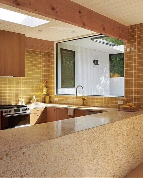 Yellow Tile Kitchen, Yellow Kitchen Tiles, Monochrome Kitchen, Concrete Collaborative, 70s Kitchen, Sunny Kitchen, Gimme Shelter, Interior Tiles, Yellow Tile