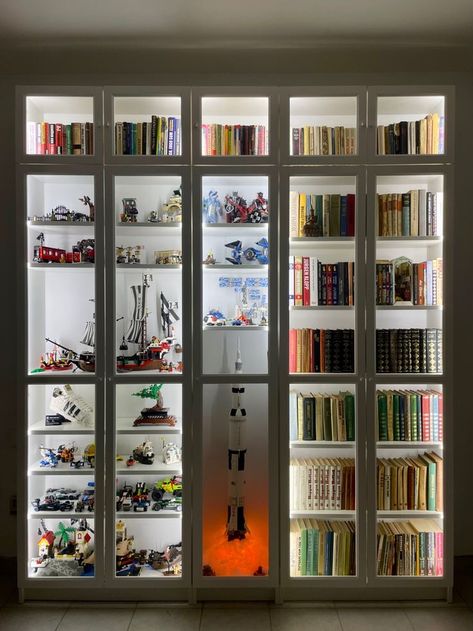 #ikeahack #ikeadiy #furniture Bookshelves In Office Study, Ikea Billy Lego Display, Lego And Book Display, Bookshelves With Led Lights, Lego Billy Ikea, Lego Display Bookcase, Living Room Lego Display, Billy Bookcase Display Cabinet, Ikea Billy Bookcase Lighting