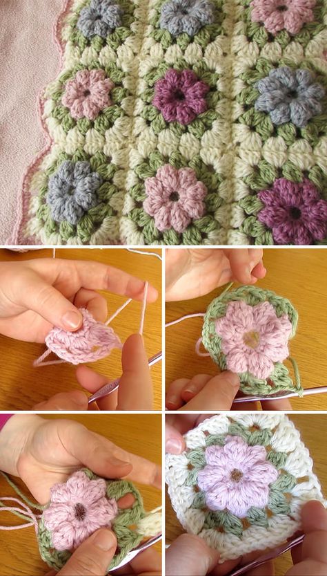 Puff Flower Blanket Free Crochet Pattern Tutorial Granny Square Puff Flower, Crochet Puff Flower Granny Square, Puff Flower Blanket, Crochet Popcorn, Crochet Pattern Tutorial, Puff Flower, Crochet Puff Flower, Learning Video, Creeper Minecraft