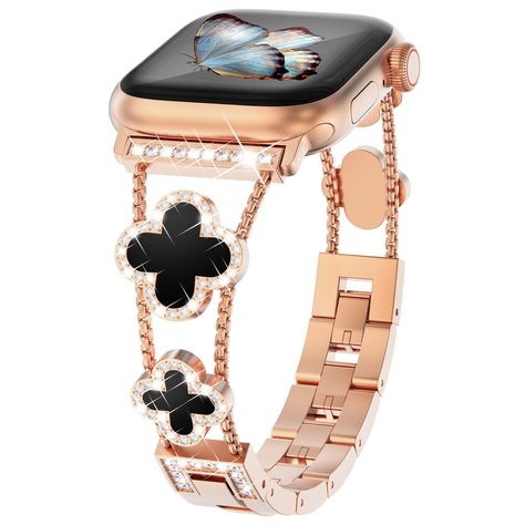 PRICES MAY VARY. 🍀💎【Unique 4 Leaf Colver Design with Diamonds】The luxury apple watch band adorned with the most popular four-leaf clover design, symbolizing luck and hope, health, happiness and love, reputation & wealth. The four-leaf clover is surrounded by inset diamonds, ensuring your bling womens rose gold apple watch band shines from every angle, revealing dignity and elegance in luxury. It's the perfect combination of personality and style, you'll get lots of compliments. 🔝【Lightweight Apple Watch Aesthetic Bracelets, Gold Apple Watch Band, Cute Apple Watch Bands, Birthday 24, Rose Gold Apple Watch, Apple Watch Bracelets, Bracelet Cute, Gold Apple Watch, Clover Design