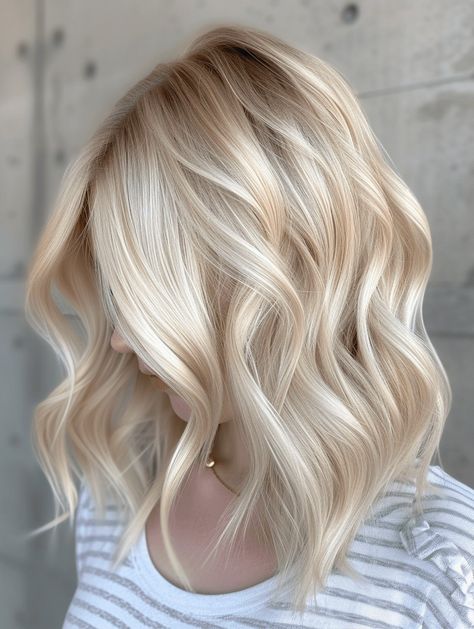 Super Blonde Medium Length Hair, Light Blonde All Over Color, Blonde Inverted Bob Medium, Buttery Blonde With Lowlights, Short Icy Blonde Hair With Dark Roots, Blonde Bob Ideas, Blond Hair With Dimension, Butter Blonde Hair Dark Roots, Light Cold Blonde Hair