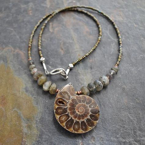 New Labradorite Fossilized Ammonite Necklace. now available on website. #ammonitefossil Ammonite Necklace, Ammonite Pendant, Fossil Art, Fossil Necklace, Ammonite Jewelry, Ammonite Fossil, Golden Ratio, Rock Chic, Gemstone Jewelry Handmade