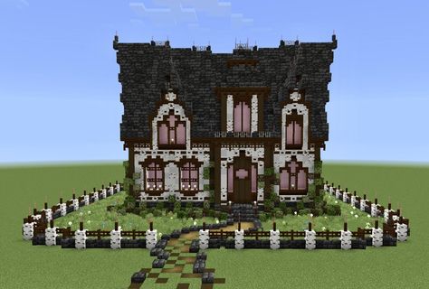 Pink Victorian House Minecraft, Goth Mc House, Cobbled Deep Slate House Minecraft, Minecraft Gothic Cottage, Gothic Windows Minecraft, Minecraft Goth House Ideas, Gothic Mc House, Fairy Mc House, Witch Castle Minecraft