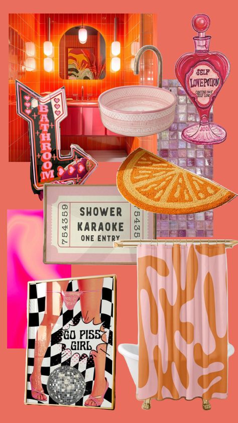 Pink and Orange Groovy Bathroom Vibes Groovy Bathroom, Bathroom Vibes, Pink Bathroom, Karaoke, Pink And Orange, Self Love, Bathroom Decor, Orange, Pink