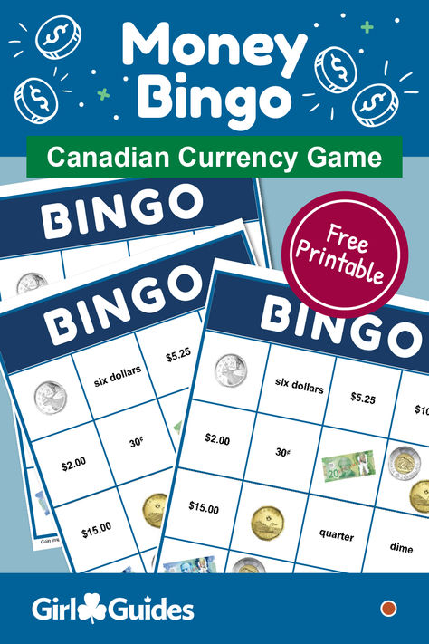 Test your money knowledge! Kids will practise the names and amounts of Canadian bills and coins in this bingo-style game. Money Activities For Kids, Money Knowledge, Money Games For Kids, Girl Guides Of Canada, Money Bingo, Canadian Currency, Badges Ideas, Money Sense, Money Activities