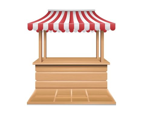 Realistic wooden canopy kiosk with red a... | Premium Vector #Freepik #vector #market-stall #stall #food-stall #street-vendor Booth Market, Vendor Stand, Fair Booth, Wooden Canopy, Market Stands, Design Mockup Free, Door Decs, Magic Potion, Street Vendor