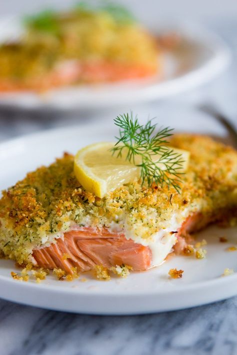 panko crusted salmon with a slice of lemon on a white plate with fresh dill on top. Cooked Salmon Recipes, Panko Salmon, Salmon Panko, Panko Crusted Salmon, Breaded Salmon, Crusted Salmon Recipes, Parmesan Salmon, Salmon Recipes Baked, Best Salmon Recipe