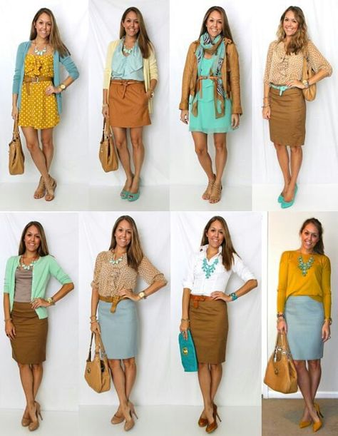 Color combo ideas.. Lollapalooza Outfit, Spring Work Outfits, Aqua Dress, Work Attire, Mode Inspiration, Work Fashion, Look Fashion, Fashion Ideas, Cognac