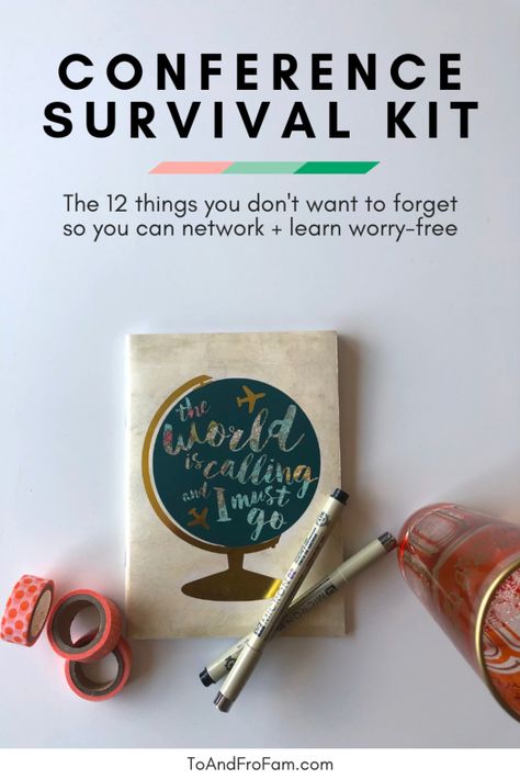 Your ultimate conference survival kit: 12 essentials to bring to a conference so you're free to network, learn and connect, worry-free. To & Fro Fam Teacher Conference Survival Kit, Survival Gear List, Survival Kit Gifts, Business Major, Conference Bags, Recognition Gifts, Pretty Pens, Research Skills, Online Friends