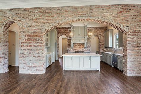 Living Room Brick Wall, Room Brick Wall, Exposed Brick Interior, Arch Opening, Mexico House Ideas, French Country Houses, Ohio House, Interior Brick, Open Plan Kitchen Living