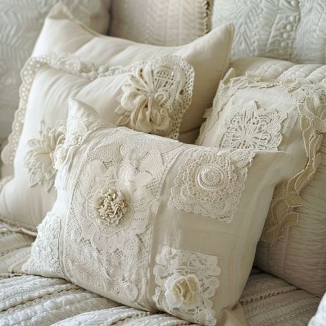 Save your nana's vintage lace. Here are 7 ways to use it around the house Quilts With Lace, Vintage Lace Crafts, Wedding Dress Keepsake, Rose Sister, Vintage Lace Curtains, French Country Decorating Living Room, Shabby Chic Cushions, Diy Embroidery Projects, Shabby Chic Art