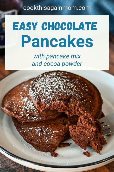 Just a little bit of cocoa powder and pancake mix has the kids smiling big time! It is almost like having dessert for breakfast. Chocolate Kodiak Pancakes, Hot Cocoa Pancakes, Easy Chocolate Pancakes, Chocolate Pancakes With Cocoa Powder, Krusteaz Pancake Mix Recipes, Cocoa Pancakes, Chocolate Pancake Recipe, Double Chocolate Pancakes, Pancake Mix Uses