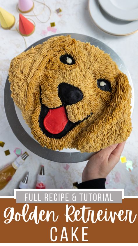 This cute golden retriever cake is made with tender vanilla cake layers and decorated with delicious, homemade buttercream frosting. Golden Retriever Cake Ideas, Goldendoodle Cake, Golden Retriever Birthday Cake, Dog Cake Ideas, Dog Themed Birthday Cake, Labrador Cake, Golden Retriever Cake, Dog Lover Cake, Golden Retriever Birthday