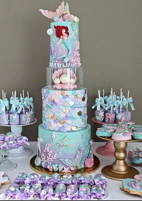 Ocean Birthday Cakes, Ariel Cake, Modern Birthday Cakes, Tiered Cakes Birthday, Birthday Cake Decorating Ideas, Mermaid Theme Birthday Party, Mermaid Birthday Cakes, Ariel Birthday, Tall Cakes