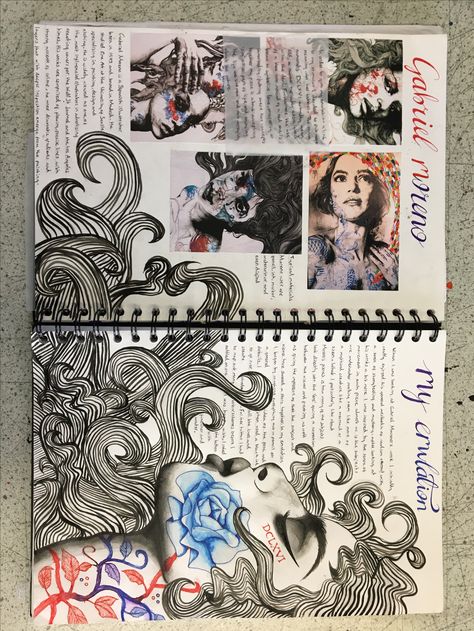 My gcse study of Gabriel Moreno Gcse Study, Artist Research Page, Kunstjournal Inspiration, Photography Sketchbook, Sketchbook Layout, Textiles Sketchbook, Art Alevel, Gcse Art Sketchbook, A Level Art Sketchbook