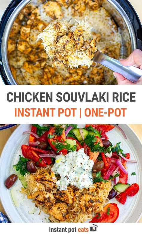 Chicken Souvlaki Rice, Souvlaki Chicken, Cucumber Sauce, Pot Recipes Healthy, Chicken Souvlaki, Dinner Meal, One Pot Dinner, One Pot Dishes, Greek Dishes