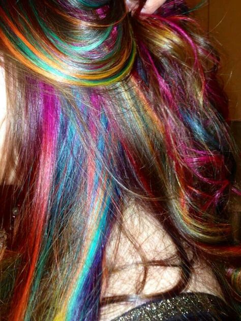 Rainbow hair by me and Goldwell Elumen.  Please give credit where credit is due. Hair Color Multicolor, Oil Spill Hair Blonde, Brown Hair Rainbow Highlights, Dyed Hair Patterns, Dark Colorful Hair, Multi Color Hair Ideas, Long Dyed Hair, Curly Rainbow Hair, Multicolored Highlights