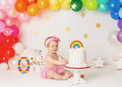 rainbow cakesmash, 1st birthday session, baby girl rainbow session Rainbow First Birthday Party Girl, Rainbow Baby First Birthday, 1st Birthday Themes Girl, Rainbow Baby Birthday, Rainbow Birthday Party Decorations, 7th Month, Rainbow First Birthday, Rainbow Theme Party, 1st Birthday Photoshoot