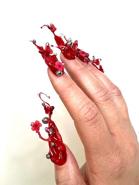 Press on nail set inspired by Kali Uchis Red Moon in Venus album art Red Moon In Venus Nails, Kali Uchis Nails Inspired, Red Moon In Venus Kali Uchis Nails, Kali Uchis Nail Ideas, Kali Uchis Nails, Kali Uchis Red Moon, Garden Shoot, Long Nail Art, Crazy Nail Art