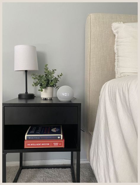 Black Bed Frame And Night Stands, Man Nightstand Decor, Nightstand Decor For Men, Men Nightstand Decor, Nightstand Decor Men, Men’s Nightstand, Men’s Nightstand Decor, Mens Bedside Table Styling, Bedside Table Ideas Black