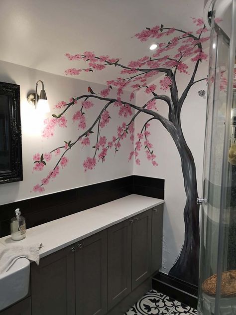 Cherry blossom mural in a small bathroom Cherry Blossom Bathroom Decor, Cherry Blossom Tree Mural, Cherry Blossom Tree Bedroom, Cherry Blossom Themed Bedroom, Cherry Blossom Mural, Sakura Themed Room, Cherry Blossom Bathroom, Cherry Blossom Decor, Giant Wall Art