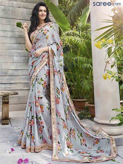 Grey Georgette Printed Saree Chiffon Saree Party Wear, India Women, Indian Sari Dress, Saree Floral, Modern Saree, Print Saree, Saree Designs Party Wear, Indian Fashion Saree, Party Wear Saree