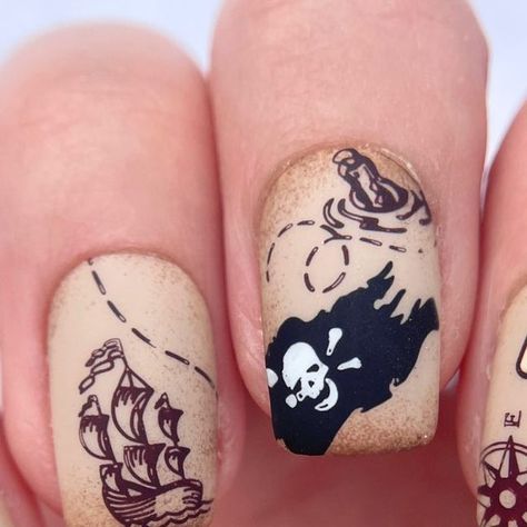 Pirate Acrylic Nails, Pirate Theme Nails, Pirate Themed Nails, Pirate Nails Design, Pirate Nail Art, Princess Nail Designs, Pirate Nails, Talk Like A Pirate Day, Talk Like A Pirate