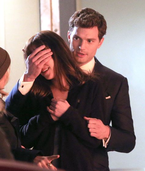 Dornan covered Johnson's eyes in another infamous scene, as he gives her the Audi. Christian Grey Jamie Dornan, Fifty Shades Movie, Grey Pictures, Anastasia Steele, Gray Aesthetic, Movie Couples, Movie Sets, 50 Shades Of Grey, Christian Grey