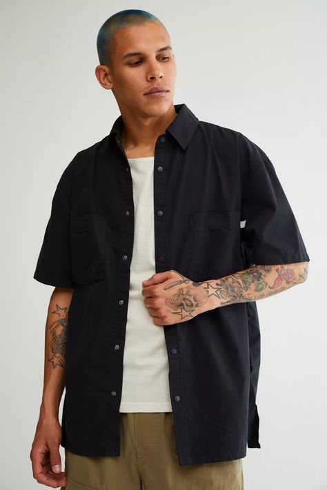 Standard Cloth Luis Modern Utility Shirt | Urban Outfitters Modern Utility, Black Button Up Shirt, Utility Shirt, Black Nylon, Black Button, Black Fits, Favorite Jeans, Sleeve Styles, Button Up Shirts