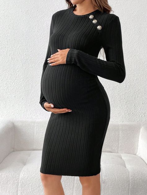 Maternity Solid Color Long Sleeve Casual Fitted Dress, Spring & Autumn Black   Long Sleeve Knitted Fabric   High Stretch  Maternity Clothing, size features are:Bust: ,Length: ,Sleeve Length: Casual Fitted Dress, Shein Maternity, Casual Maternity, Slim Fit Top, Elegant Dresses Long, Maternity Clothing, Women Midi, Dress Spring, Vestido Casual