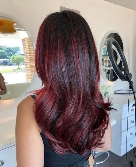 Dark Red Balayage Straight Hair, Dark Red Hair With Lowlights, Red Lowlights In Black Hair, Red Baby Lights, Red For Brunettes, Wine Highlights On Dark Hair, Red Hair With Lowlights Dark, Cherry Highlights On Dark Hair, Dark Red Highlights On Dark Hair