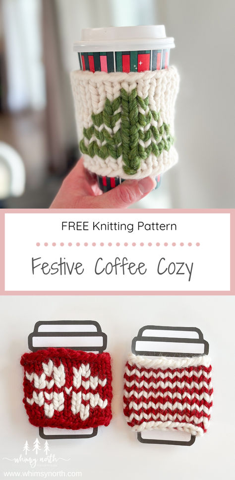 The Festive Coffee Cozy Knitting Pattern is a free knit coffee cup sleeve pattern that is beginner friendly and great for holiday gift knitting and selling at market booths. Knit Coffee Sleeve Pattern Free, Mug Cosy Knitting Pattern, Christmas Coffee Cozy, Knitted Cup Cozy Pattern Free, Coffee Cup Sleeve Pattern, Knitted Christmas Gifts Free Patterns, Knit Coffee Cozy Pattern, Cup Cozy Knitting Pattern, Cup Sleeve Pattern