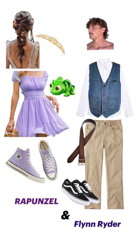 Halloween costume ideas Rapunzel And Flynn Ryder Halloween, Couple Halloween Costumes Rapunzel And Flynn, Tangled Group Costume, Rapunzel Costume Ideas For Women, Cute Halloween Costumes Modest, Diy Flynn Rider Costume, Rupanzel Halloween Costume, Flynn Ryder And Rapunzel Costume, Brunette Rapunzel Costume