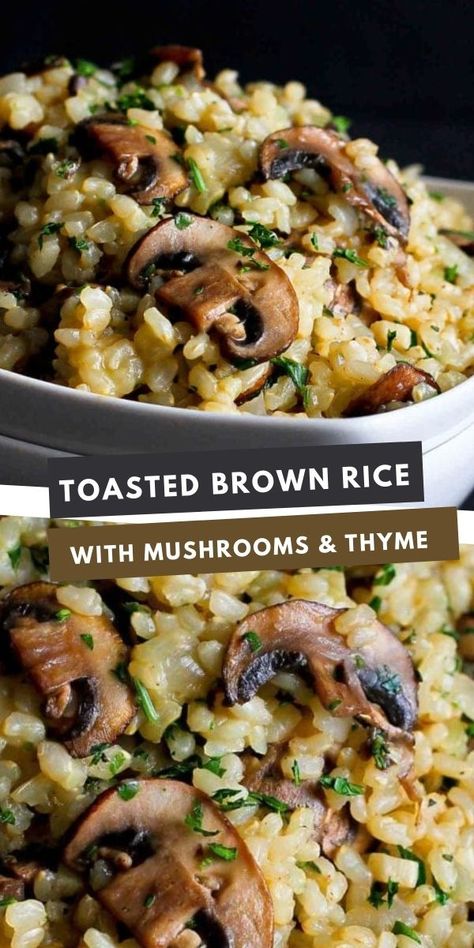 Brown rice with mushrooms and herbs in a white bowl. Brown Rice With Mushrooms, Rice With Mushrooms, Rice Recipes Side, Healthy Rice Recipes, Rice Side Dish Recipes, Thyme Recipes, Healthy Rice, Rice Side, Healthy Side Dish