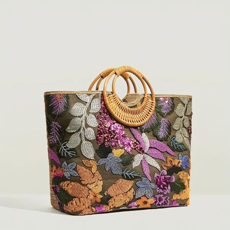 Sequin Flower Graphic Top Handle Bag Retroethnic Tote Bag - Temu Tropical Bag, Bohemian Handbags, Sequin Flower, Wicker Bags, Floral Knit, Flower Graphic, Graphic Top, Orange Bag, Flower Tops