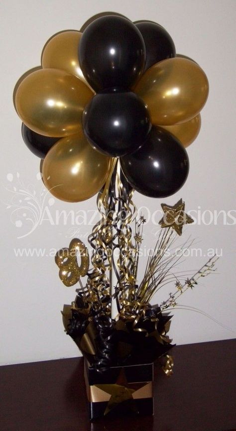 80th Birthday Diy Decorations, Balloon Centerpieces For Men, 90th Birthday Balloon Ideas, Black And Gold Centerpieces Diy Birthday, Black And Gold Birthday Centerpieces, Black And Gold Balloon Centerpieces, 30th Birthday Centerpieces For Men, Gold And Black Centerpieces, Black And Gold Party Centerpieces