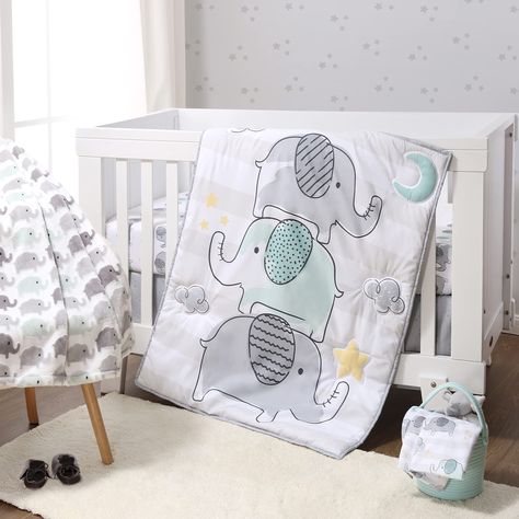 PRICES MAY VARY. CUTE ELEPHANT DESIGN – Create your dream elephant themed nursery with this absolutely irresistible 5 piece collection including a baby quilt, velour blanket, 2 fitted crib sheets, and crib dust ruffle. All 5 pieces are machine washable for easy care. REVERSIBLE CRIB COMFORTER - Generously sized 32" x 41" soft and cozy quilt features a trio of gray and aqua elephant friends a top a wide light gray stripe and surrounded by a sky of moons, clouds, and stars. The reverse side coordi Sage Crib, Velour Blanket, Elephant Crib Bedding, Crib Bed Skirt, Elephant Bedding, Elephant Themed Nursery, Mini Crib Bedding, Simple Quilts, Towel Ideas