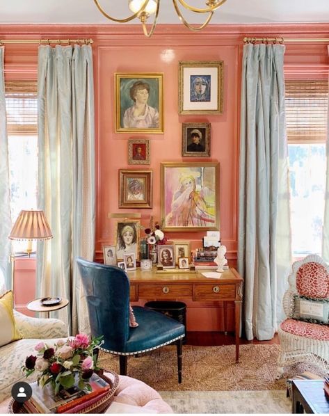 Work from Home – The Potted Boxwood Weekend Well Spent, Dining Room Cozy, Floral Upholstery, Wall Trim, Boho House, Brown Interior, Pink Paint, The Way Home, Southern Style