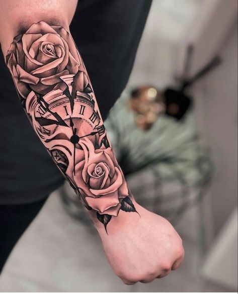 Tattoo Trends 2023, Clock And Rose Tattoo, Ink Magic, Broken Clock, Neon Tattoo, Rose Tattoos For Men, Cross Tattoo For Men, Forearm Sleeve, Men Tattoos Arm Sleeve