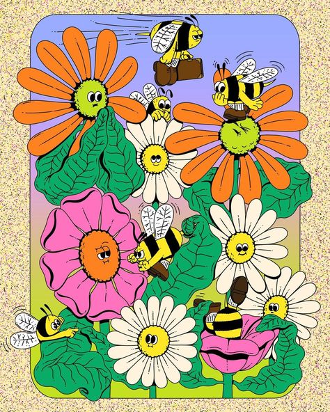 Flower With Face Illustration, Flower Character Illustration, Bee Branding, Bees Illustration, Bumble Bee Illustration, Lauren Martin, Flower Character, Graffiti Alphabet Wildstyle, Bee Cartoon