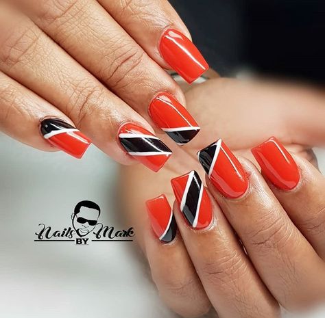 Trinidad 🇹🇹 Flag Nails Jewels Nails, Party Nail Design, Shapes Nails, Carnival Nails, Trinidad Flag, Nail Tricks, Nail Fashion Trends, Sports Nails, Flag Nails