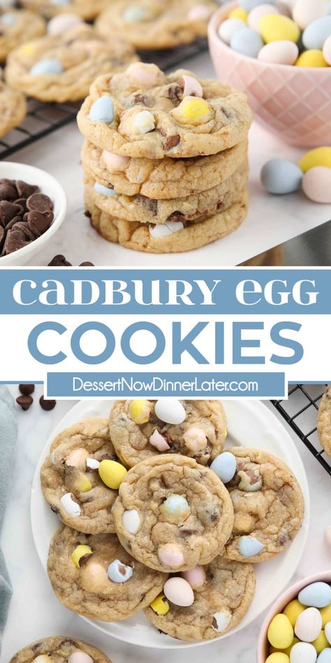 These Cadbury Egg Cookies are as simple as making chocolate chip cookies with your favorite Cadbury mini eggs crushed and folded into the batter. A super easy Easter cookies recipe! Cadbury Eggs Cookies, Cadberry Eggs Cookies, Mini Egg Cookies Recipe, Cadbury Egg Cookies, Cadbury Cookies, Cadbury Mini Egg Cookies, Easy Easter Cookies, Mini Egg Cookies, Cadbury Mini Eggs